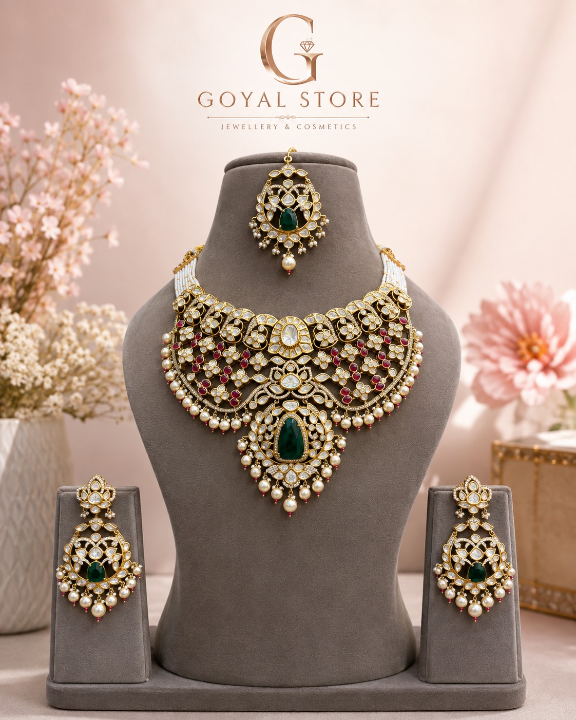 Mojanite set emerald or Ruby stone AD work pearl dropping